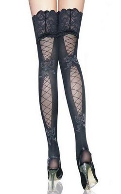 Dark Gray Thigh-High Stockings with Partial Fishnet Pattern and Lace Tops